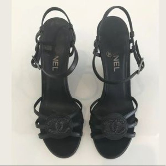 CHANEL BLACK LEATHER WEDGE SANDALS SIZE 8 - Picture 4 of 6